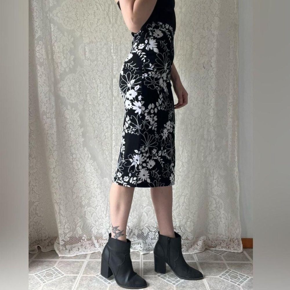 Vintage 90s PS Dew Sutton Black White Floral Midi Skirt Slit - Picture 6 of 9